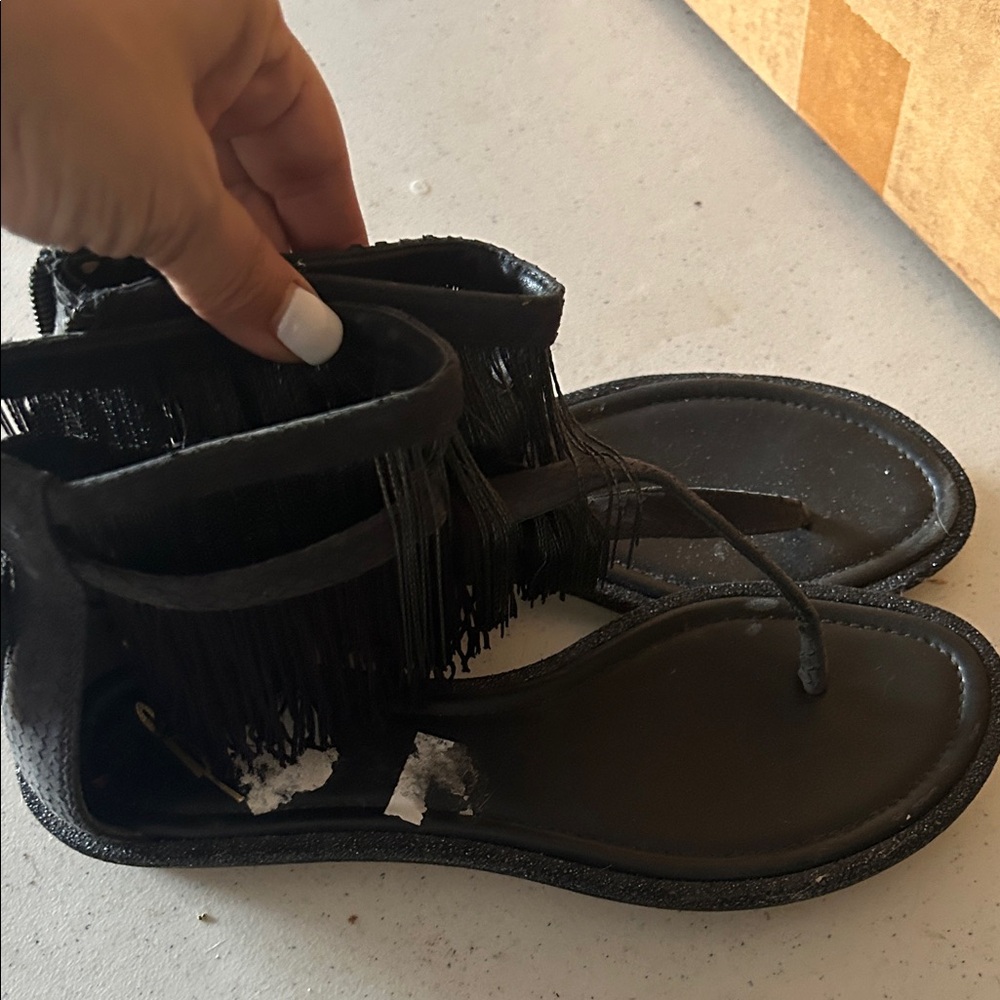 Brian Atwood Black Fringe Snakeskin Sandals